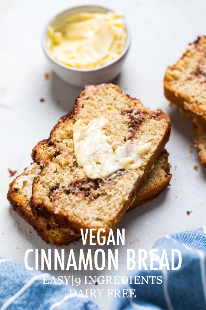 The words vegan cinnamon quick bread overlayed onto slices of bread.