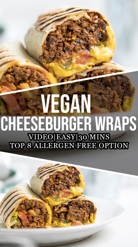 A collage of vegan cheeseburger wraps.