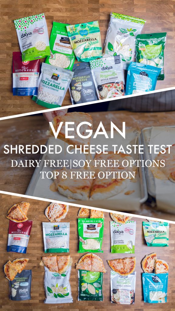 collage of vegan cheese packages with words Vegan Shredded Cheese Taste Test overlayed.
