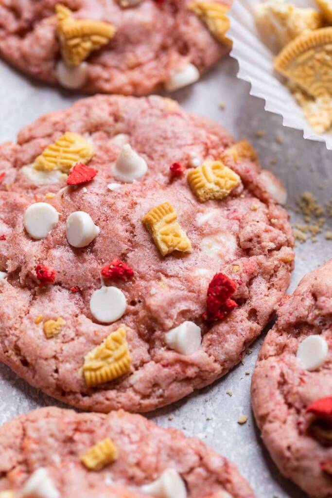 one vegan pink strawberry shortcake cookie. 