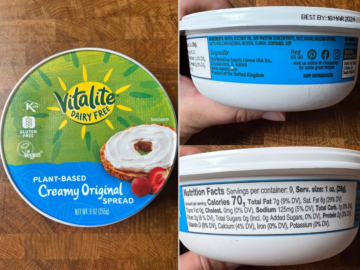 vitalite vegan cream cheese package and nutritional information.