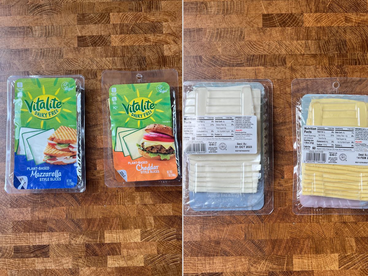 vitalite vegan sliced cheese package and nutritional information.